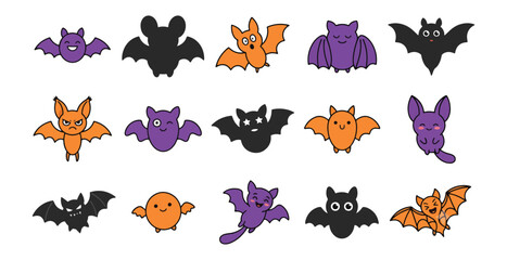 Obraz premium A set of diverse bat illustrations for Halloween, featuring various cute and spooky styles in purple, orange, and black colors on a clean white background.