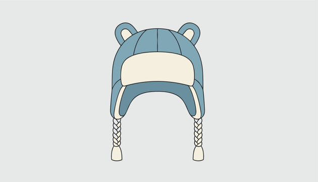 Cute blue winter trapper hat with fluffy ears and long white braided strings, isolated on a light gray background.
