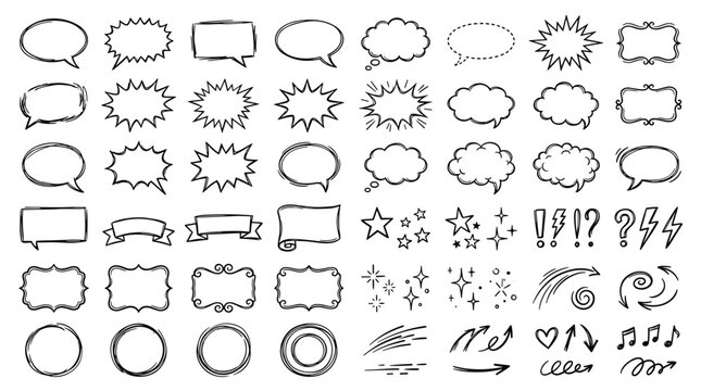 Hand Drawn Doodle Speech Bubble Set with Cartoon Chat Balloons Comic Dialog Clouds and Sketch Communication Icons Vector Illustration Collection