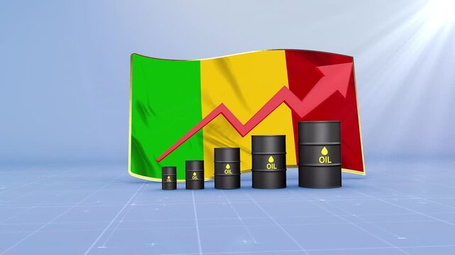 Mali Oil Price Rising with Oil Barrels Upward Red Arrow and 3D Financial Data Visualization Graphs for Economy and Business Concept