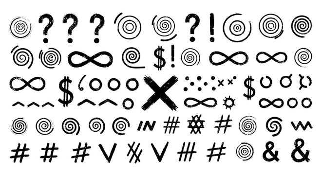 Hand-drawn doodle symbols collection featuring question marks, hashtags, spirals, and decorative ink icons for creative design layouts