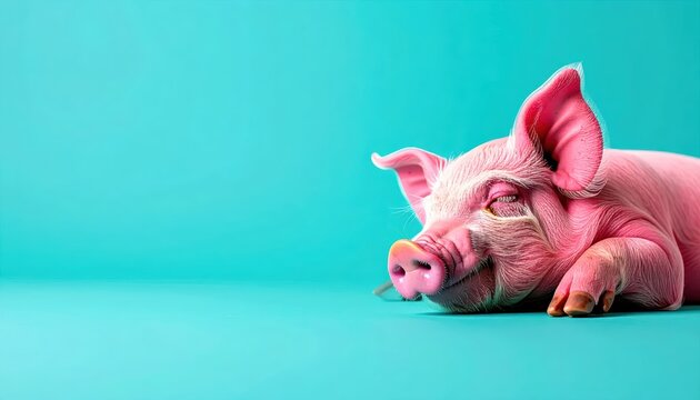 Adorable Pink Pig Lying Down and Smiling on a Vibrant Teal Background Featuring Ample Copy Space for Text