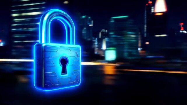 A glowing blue digital padlock floating in a dark, abstract technological environment representing cybersecurity and data protection