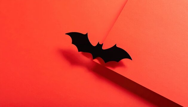Minimalist Halloween Composition with Black Bat Silhouette on Textured Red Paper Background Featuring Ample Copy Space for Text and Design Elements