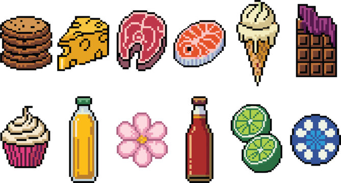 Pixel food flat vector illustration. A 16-bit retro arcade gaming collection includes cookies, cheese, steaks, ice cream, chocolate, cupcakes, juice, and condiments.