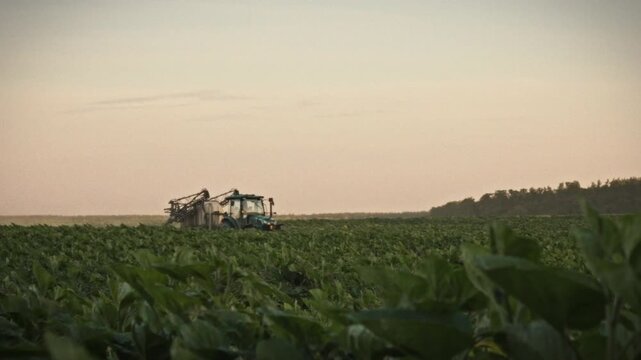 A tractor with an attached sprayer drives through a sunflower field at sunset. The agricultural machine is equipped with a sprinkler mechanism. Concept of agricultural machinery and agribusiness