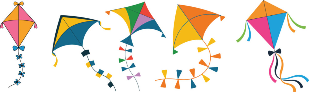 Flying kites flat vector illustration. Five colorful wind toys feature geometric diamond shapes, long flowing tails, decorative ribbons, and bright festival patterns.