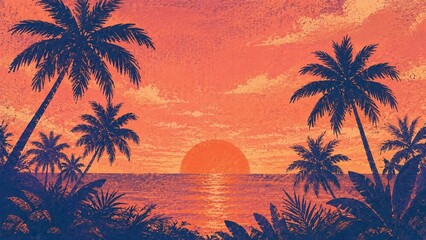 Obraz premium palm silhouette sunset background scene in Risograph style