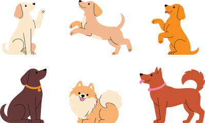 Obraz premium Puppy pack flat vector illustration. Six cheerful domestic dogs showcase different behaviors like sitting, begging, jumping, and standing alert.