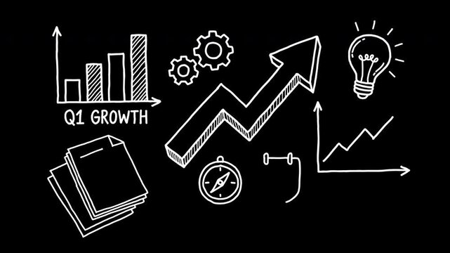Business Q1 growth metrics illustration bar chart gears arrow lightbulb 4K Hand Drawn Animation with alpha transparent background