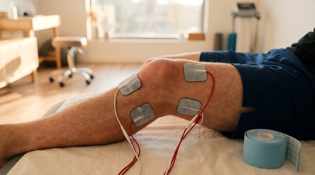 Man Receiving Electrotherapy Treatment on Knee in Clinic