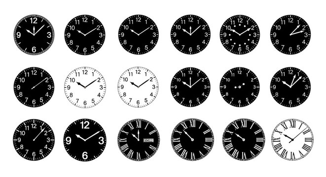 Diverse Collection of Vector Clock Faces and Timepiece Icons for Digital Interface Design and Punctuality Concepts