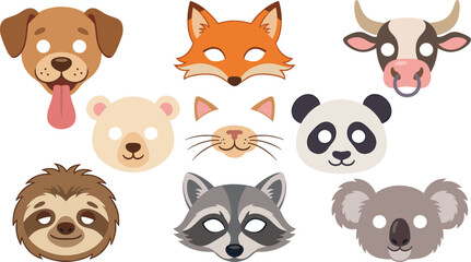 Fototapeta premium Cute animal paper masks vector collection for kids party featuring cartoon dog, fox, bull, bear, cat, panda, sloth, raccoon, koala isolated on white.