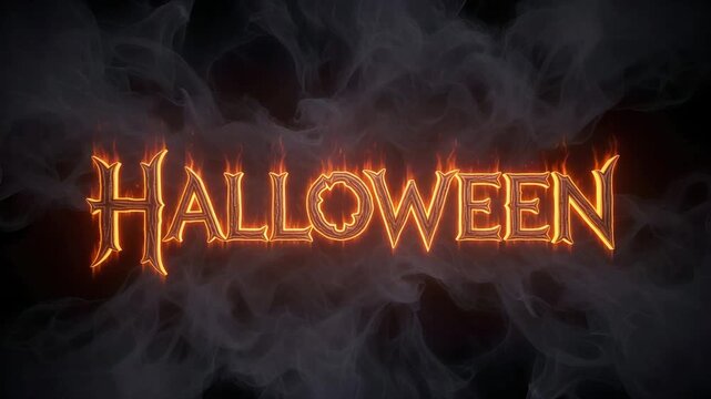 Halloween text with burning fire effect and dark smoke background