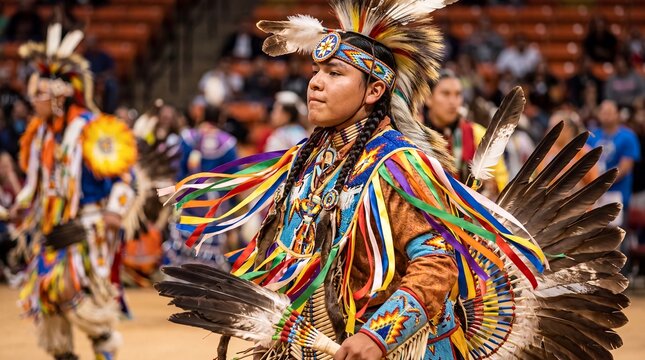 native american powwow dancer regalia indigenous culture ceremony traditional heritage performs in vibrant feathered attire for cultural celebration tourism community pride and diversity campaigns
