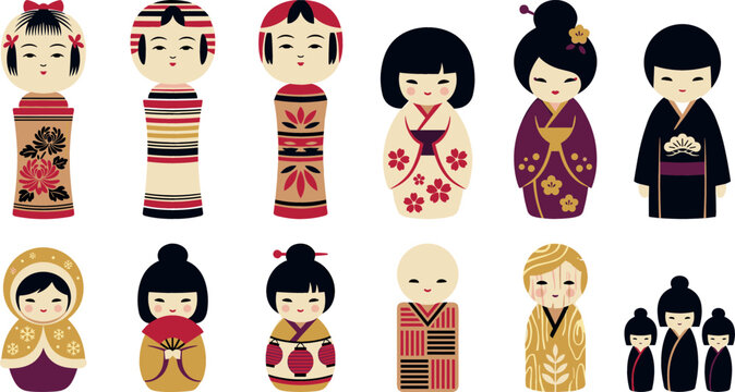 Traditional Japanese kokeshi and geisha doll vector illustration collection bundle featuring wooden figures with kimono designs isolated on white background