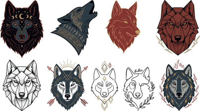 Artistic wolf head illustration collection bundle featuring geometric line art celestial runes and tribal predator tattoo design elements isolated on white background