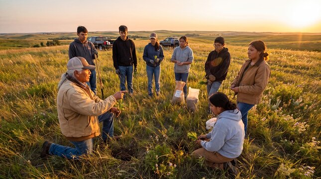 indigenous native american land restoration elder youth education stewardship grassland mentor teaches students to plant prairie seedlings at sunset for conservation training and community outreach