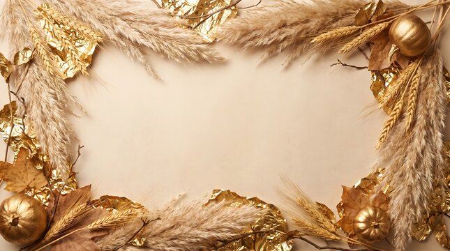 Autumn wreath with dried grass and golden leaves. Rustic seasonal border for fall decor and craft projects.