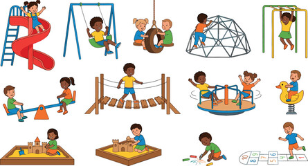 Happy children playing on playground equipment vector character bundle featuring slide swing sandbox monkey bars seesaw and roundabout isolated on white background © MdShakib