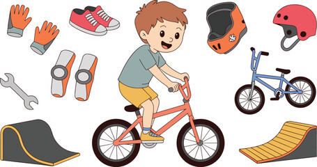 Obraz premium Cycling boy flat vector illustration. A happy child rides a bike surrounded by protective helmets, ramps, gloves, sneakers, knee pads, and tools.