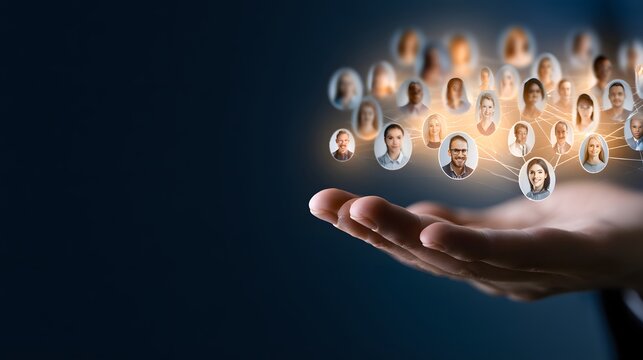 Futuristic digital community icons in a human palm