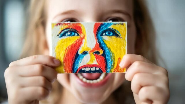 Young girl with blonde hair joyfully holds colorful drawing of a face in front of her own smiling face, showcasing vibrant colors and expressive features in a bright indoor setting