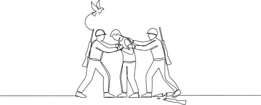 arrest of war opponents. world war concept. Single line draw design. one line art icon drawing