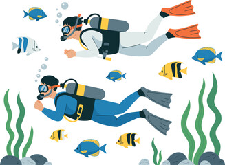 Deep diving flat vector illustration. Two scuba divers swim alongside striped coral fish, rising air bubbles, rocks, and wavy green seaweed strands. © IVY QUEEN