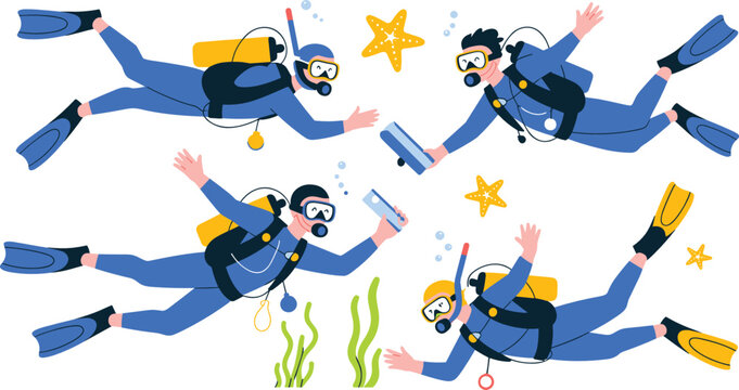 Scuba divers flat vector illustration. Underwater people in blue wetsuits swim with oxygen tanks, flippers, masks, starfishes, bubbles and green seaweed.