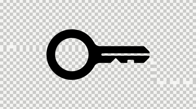 Simple black key icon representing access, security, and solutions on a transparent background.
