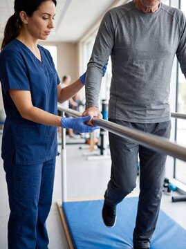 Physiotherapy rehabilitation senior walking therapist mobility recovery exercise clinic balance as a therapist guides a man between parallel bars during gait training for fall prevention campaigns