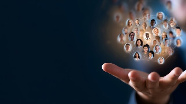 Open hand presenting a glowing cluster of global user profiles