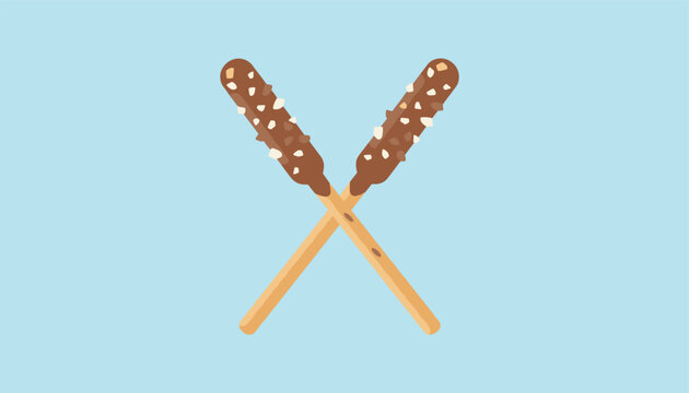 Two delicious chocolate dipped biscuit sticks sprinkled with crushed almond bits crossed over a light blue background.