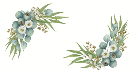 Watercolor eucalyptus leaves and gum nuts botanical border frame illustration © Viadalla