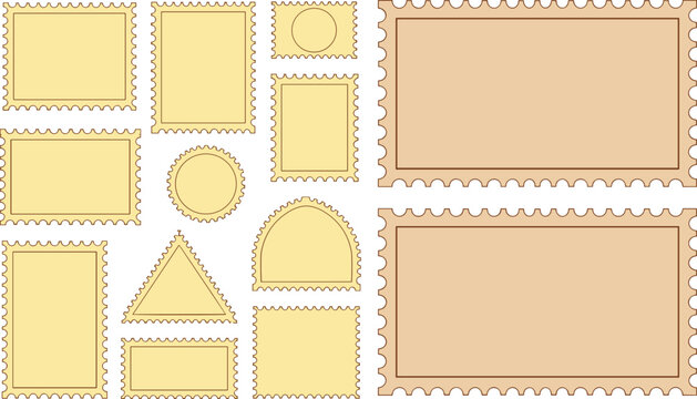 Postage stamps flat vector illustration. Blank rectangular, square, circular, triangular and arched paper frames create a vintage philately collection.