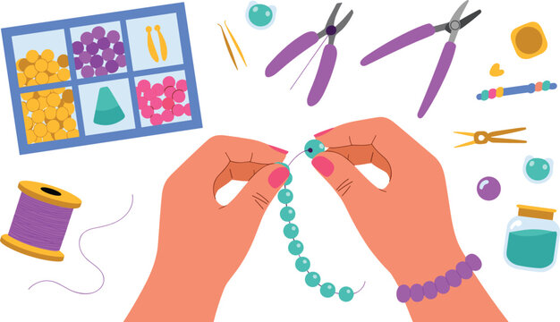 Jewelry making flat vector illustration. Human hands string colorful beads alongside pliers, thread spools, tweezers and an organizer box.