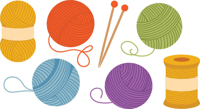 Yarn balls flat vector illustration. Colorful wool skeins, straight wooden knitting needles and a classic thread spool create a handicraft tool array.