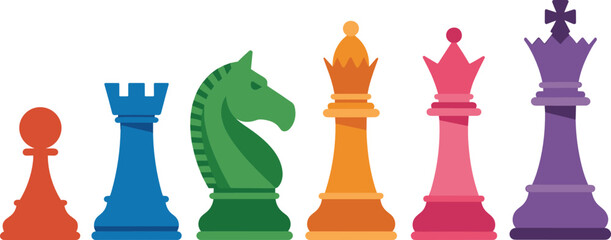 Chess pieces flat vector illustration. Colorful pawn, rook, knight, bishop, queen and king figures stand in a strategic gaming row. © IVY QUEEN