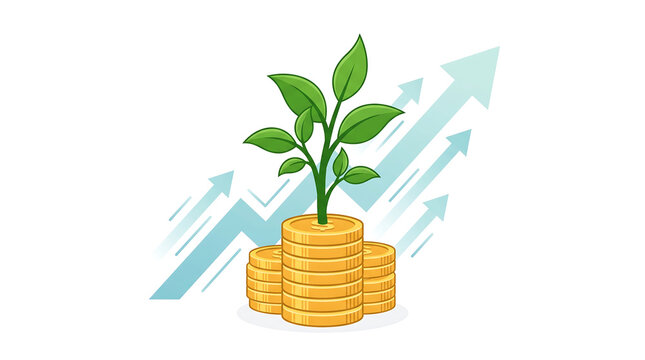 Financial growth concept with plant growing on coin stacks