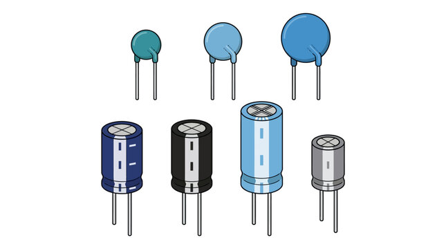 Assorted electronic capacitors and components illustration.