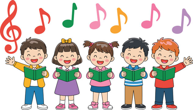 Children choir flat vector illustration. Five cute kids hold open songbooks while singing together underneath colorful floating musical note symbols.