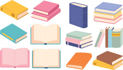 Book collection flat vector illustration. Open notebooks, stacked novels, hardback textbooks, upright literature volumes and leaning journals form an educational graphic array. © IVY QUEEN