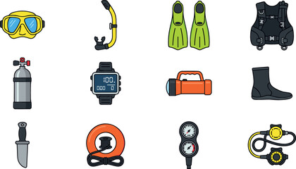 Scuba diving and snorkeling equipment vector icon collection bundle with mask fins oxygen tank vest and underwater gauge elements isolated on white background © MdShakib
