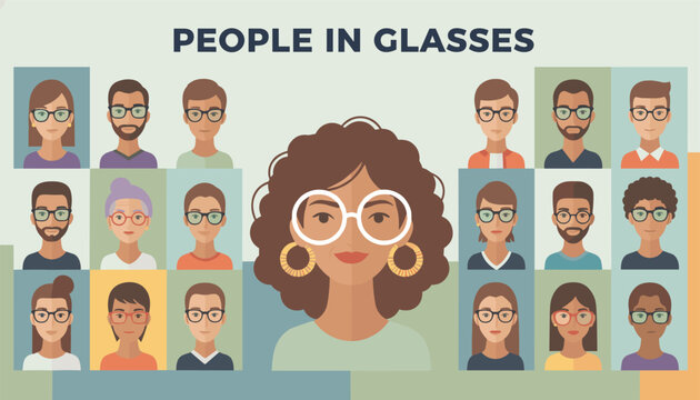 Creative layout banner featuring diverse portraits of people in glasses with a prominent woman portrait in the center.