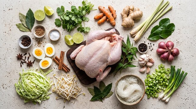 Top view of fresh raw ingredients for authentic Indonesian soto ayam arranged naturally on a light limestone surface