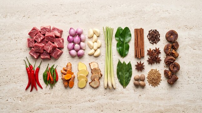 Top view of all fresh raw ingredients for authentic Indonesian beef rendang beautifully arranged on a premium light travertine stone surface