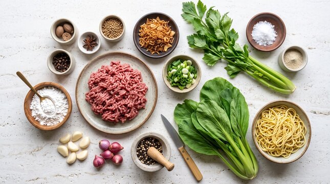Top view of fresh raw ingredients for authentic Indonesian bakso meatball soup arranged on a clean white travertine surface