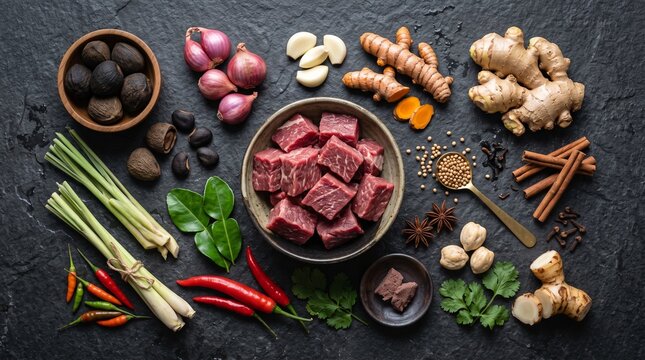 Top view of fresh raw ingredients for authentic Indonesian rawon beautifully arranged on a premium dark stone surface