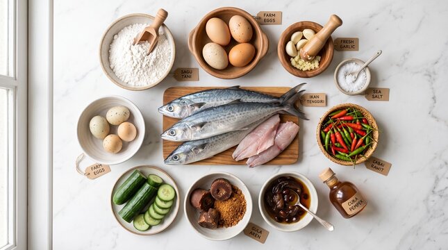 Top view of raw ingredients for authentic Indonesian pempek arranged neatly on a white marble background